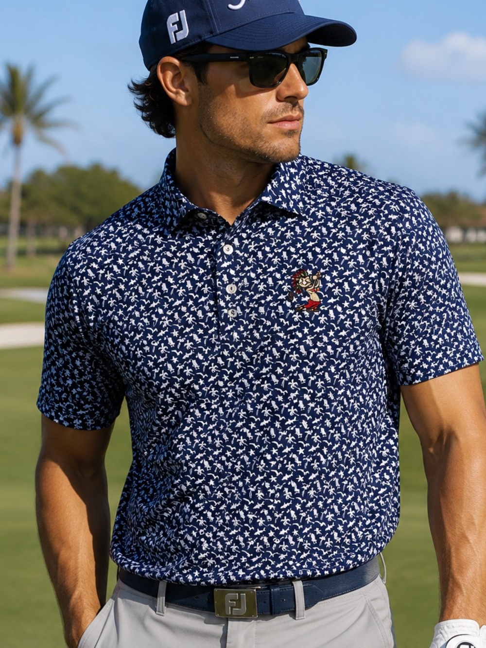 FootJoy Athletic Fit Hawaiian Print Golf Polo Shirt Men’s XL Navy